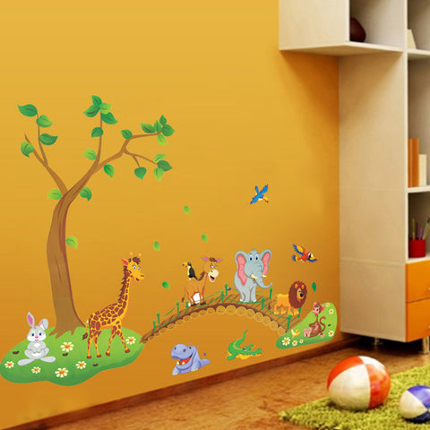 Cartoon Jungle Wild Animal Tree Bridge Wall Stickers