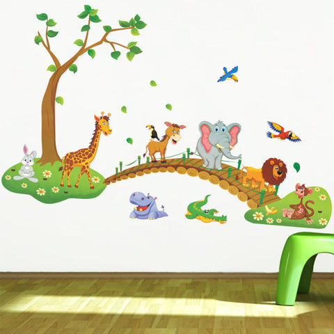 Cartoon Jungle Wild Animal Tree Bridge Wall Stickers