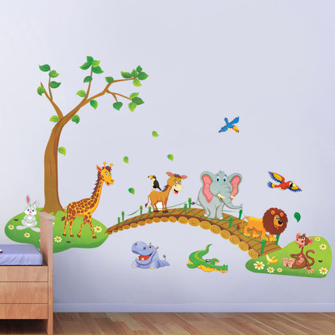 Cartoon Jungle Wild Animal Tree Bridge Wall Stickers